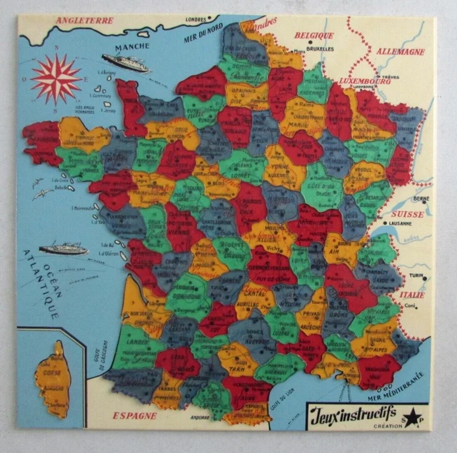 Grand Puzzle Carte De France Départements – MAUCLAIR-DACIER – Jeu Ancien 1900 – Bois