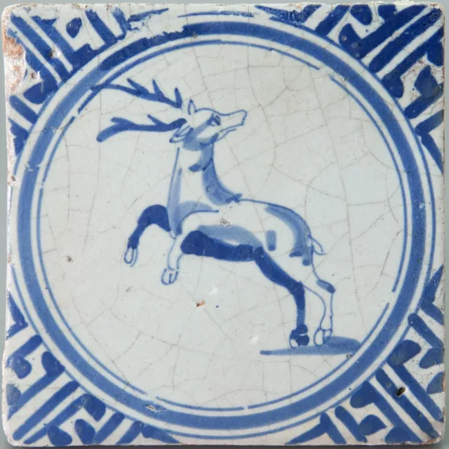 Nice Dutch Delft Blue tile, animal, deer, first half 17th century.