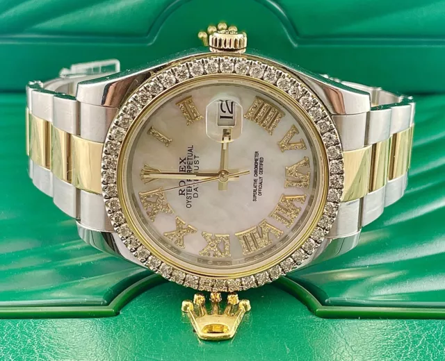 Rolex Herren Datejust 41mm 18k Gold & Stahl Vereist 3ct Diamanten Perle Römische