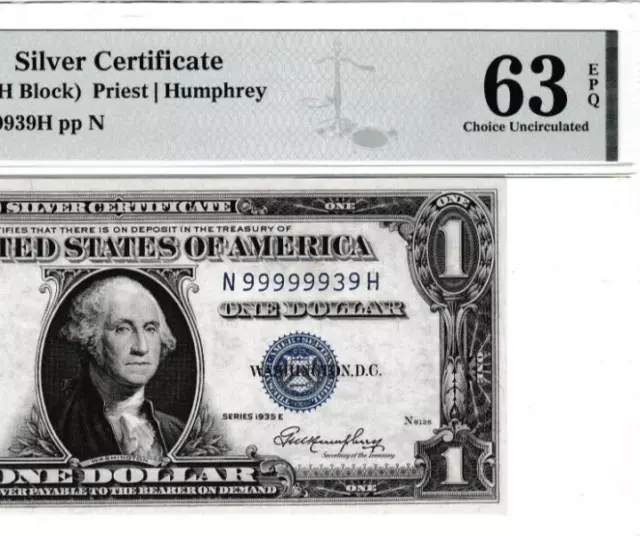 NEAR SOLID SN N 99999939 H   $1  1935 E  SILVER CERTIFICATE NOTE  Fr.1614 PMG