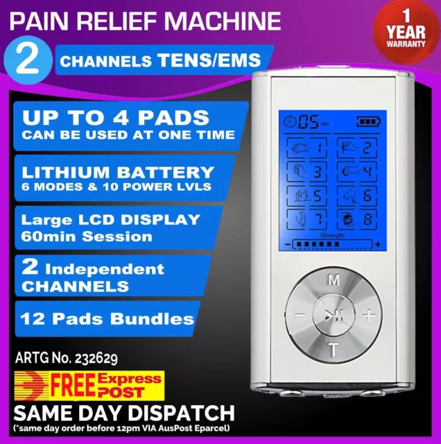 Dual Channel TENS Machine Unit Body Pain Relief Massager Device +8 Pads Physio