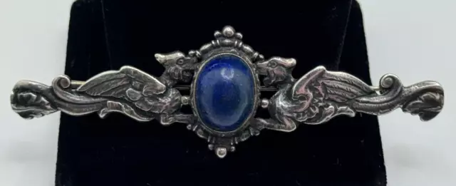 Vintage Cini Signed Winged Griffin Sterling Silver Lapis Cabochon Brooch Pin