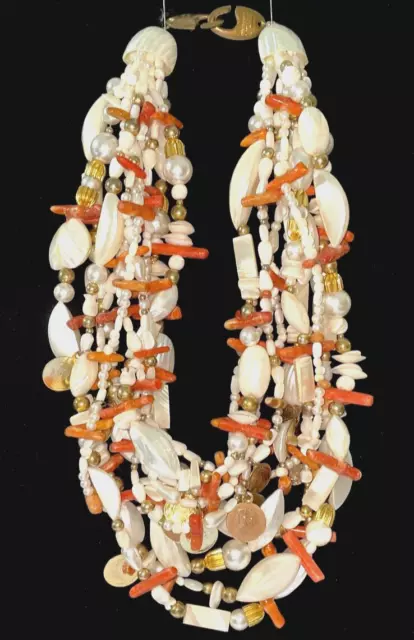 Gerda Lynggaard Necklace Multi Strand Monies Sea Shell Coral MOP Signed JCS