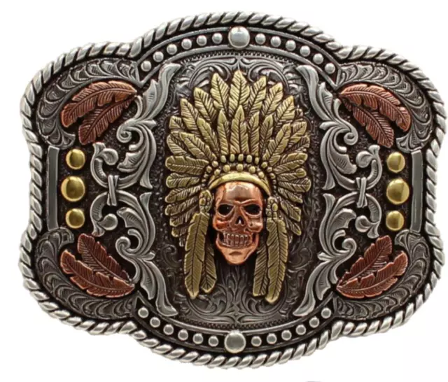 Nocona Western Mens Belt Buckle Feather Skull Silver 37600