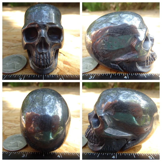 2.43" Hematite Skull Carved Stone 301.5g 10.6oz Crystal Healing Realistic
