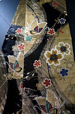 Japanese Kimono SILK Fukuro OBI, Rokutu , Gold/Black, Butterflies, L173"..2600
