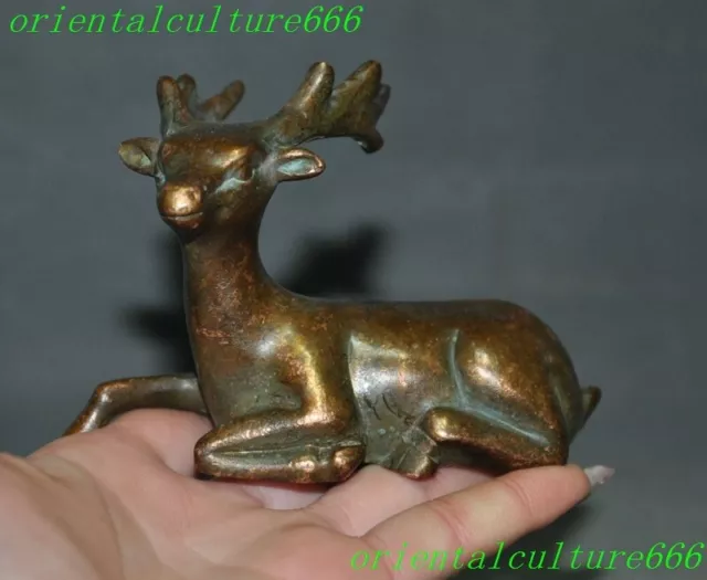 4.2"old Chinese bronze Feng Shui Lucky wealth animal deer ornament statue