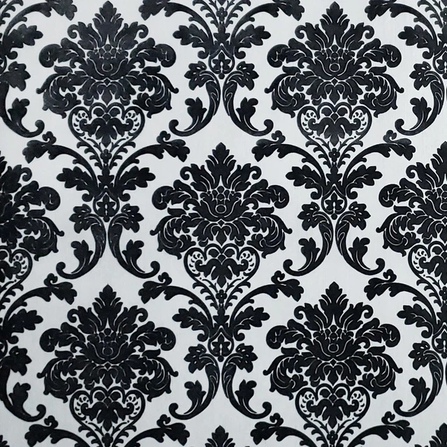 WALLPAPER FLOCKING BLACK white silver metallic Flocked vintage velvet