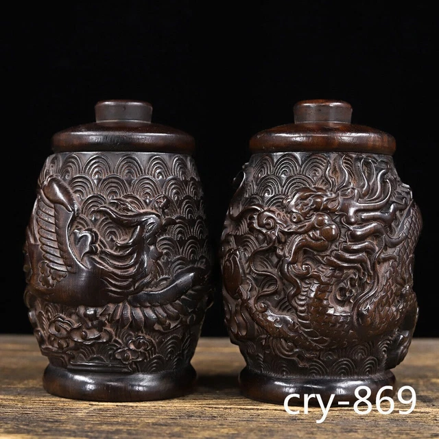 6.4" old China antique sandalwood Hand carving Dragon and Phoenix a pair pot