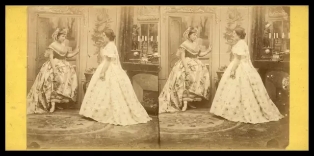 Femmes dans un salon, ca.1870, stéréo Tirage vintage stéréo, tirage d&#039