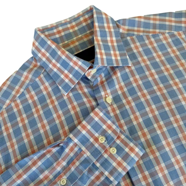 David Donahue Dress Shirt Mens 16 34/35 Blue Orange Plaid Trim Long Sleeve