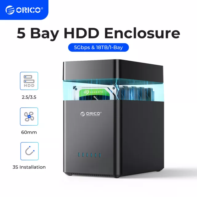 ORICO USB3.0/Type C 5Bay 3.5" SATA Hard Drive Enclosure HDD Dock Station Up 90TB