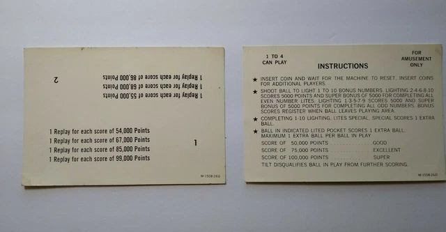 Monte Carlo Pinball Machine Instruction Game Score Card Replay Award 1973