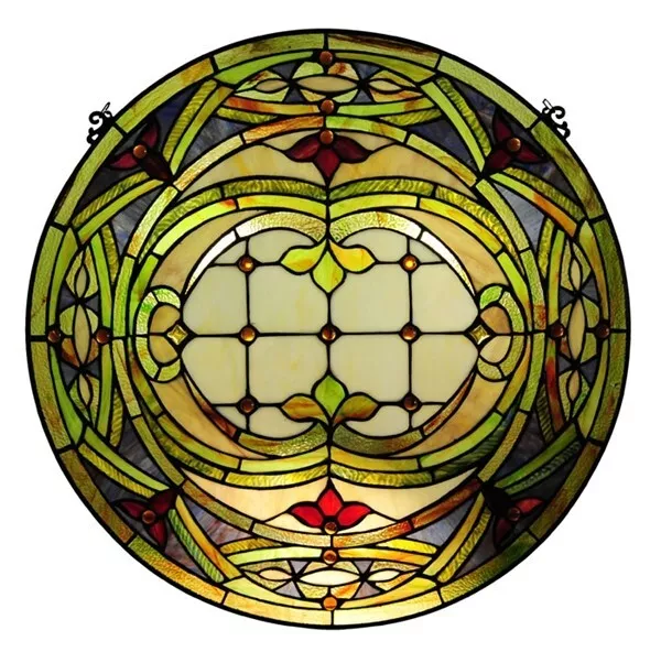 Stained Glass Tiffany Style Round Hanging Window Panel Victorian Design 24"D