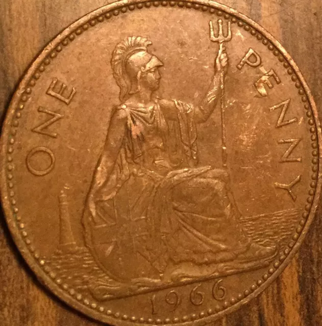 1966 Uk Gb Great Britain One Penny Coin
