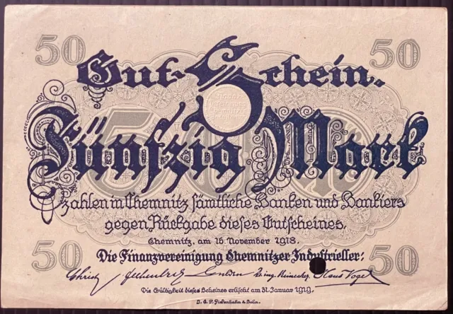 CHEMNITZ 1918 "Finance Assoc. of Chemnitz Industrialists" 50 Mark Grossnotgeld