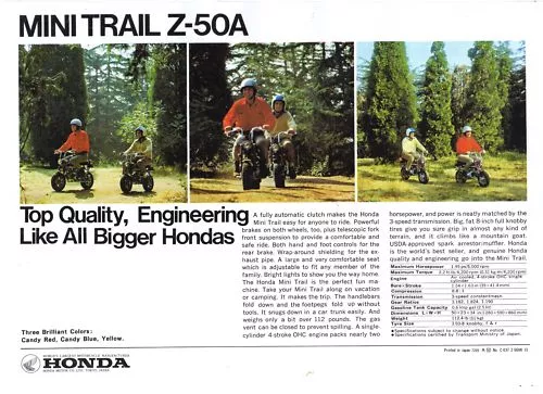 1972 HONDA Z50A MINI ON-OFF ROAD TRAIL BIKE 2 page Motorcycle Sales Brochure NCS 2