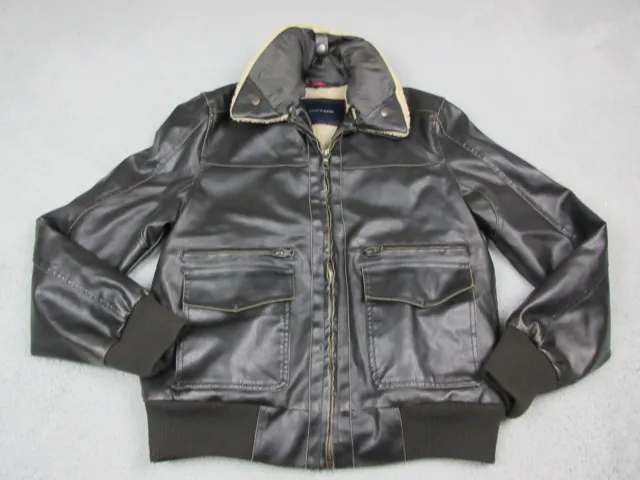 Tommy Hilfiger Jacket Mens Medium Brown Faux Leather Sherpa Bomber Flight Coat