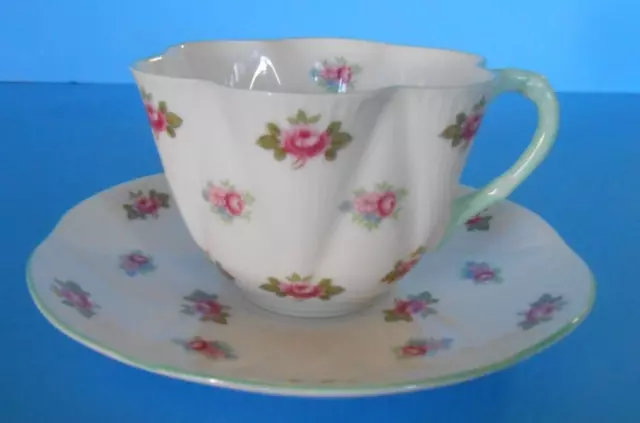 Shelley Dainty Rosebud Bone China Cup and Saucer Pink Roses Green Trim England