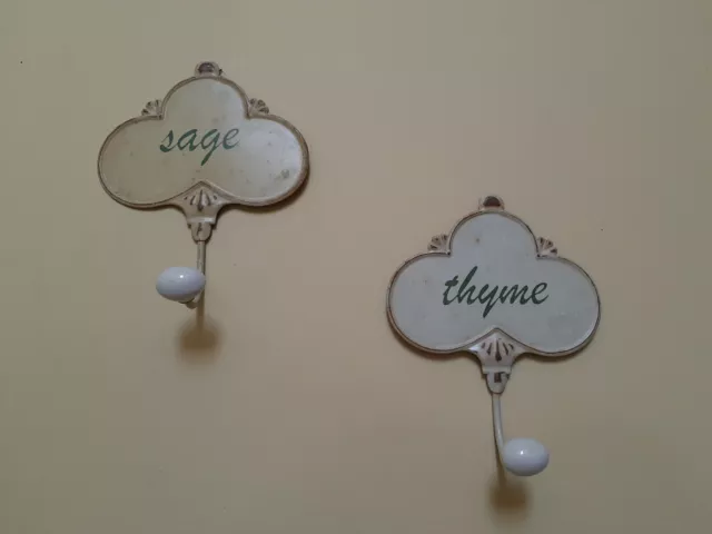 Shabby Chic Metal Decorative 'Thyme' & 'Sage' Wall Hooks Antique French Country