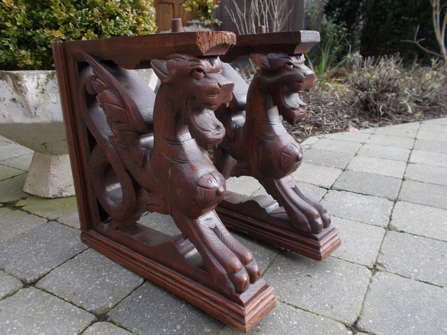 Pair of Antique hand Carved Wood Corbel Gothic winged Gargoyle Chimera 19th C