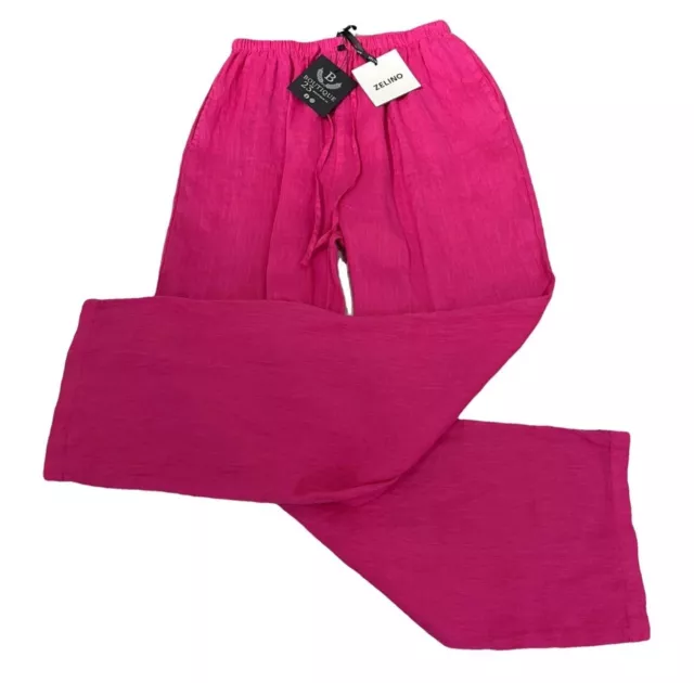 Pantalone Con Laccio 100% PURO LINO LEINEN FLAX Donna Fucsia Zelino Vita Alta S