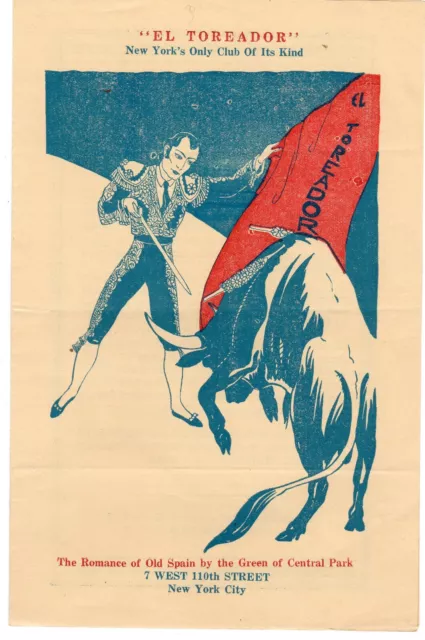 El Toreador Club New York City Pamphlet 1930's