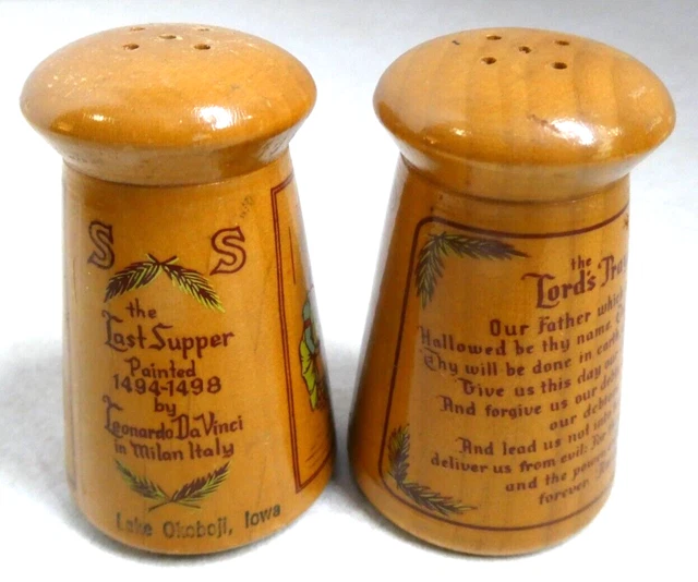 VINTAGE WOOD RELIGIOUS Last Supper Lord's Prayer Salt & Pepper Shaker