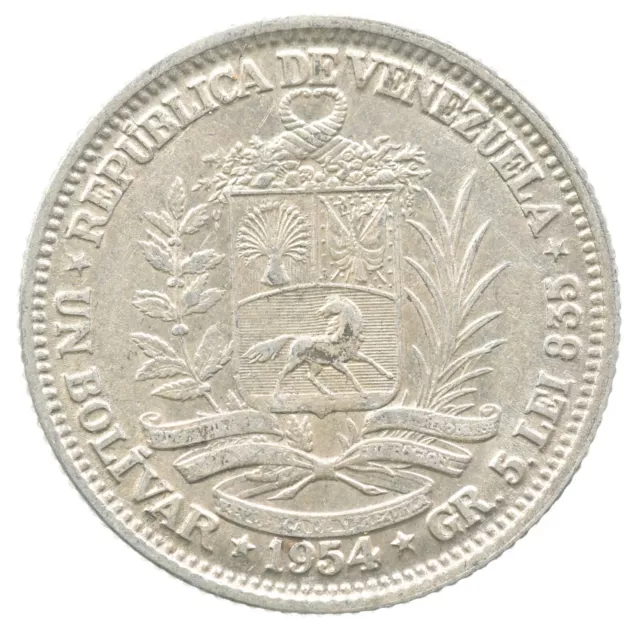 Roughly the Size of a Quarter 1954 Venezuela 1 Bolivar World Silver Coin *191