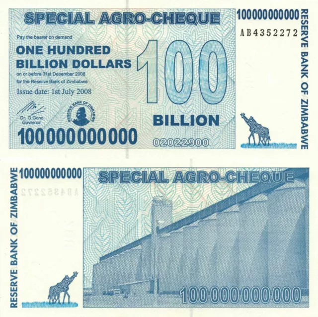 Zimbabwe 100 Billion Dollars 2008 - Special Agro Cheque, p-64, B155A UNC