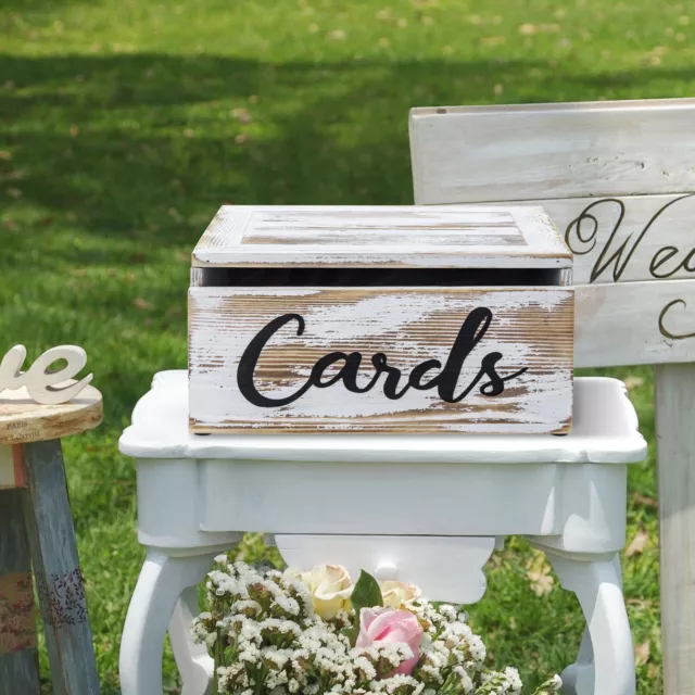 Rustic Solid Whitewashed Wood Wall Mountable Wedding Card Box w/ Hinged Lid