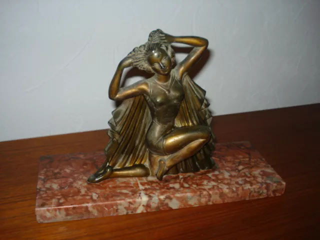 SUJET ART DECO FEMME Danseuse Régule patiné sur PLAQUE MARBRE signé MOLIN 1930