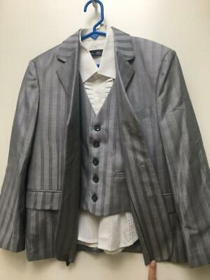 Boys jacket blazer suit dress shirt grey striped vest 9