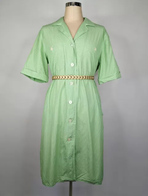 Vintage 90s women Green White Striped Cotton Shirt Dress Size 10 12 Button Retro