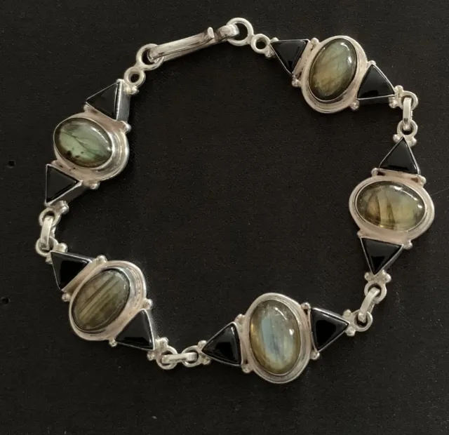 Vintage Art Deco Style 925 Sterling Silver Labradorite And Black Onyx Bracelet