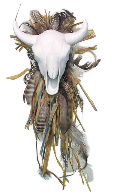 Ceramic Cow Head Skull Feathers Native Tribal Wall Art Hanging Southwest