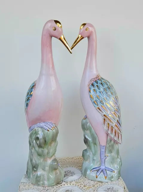 Rare Large Pair Chinese Export Porcelain figurines Cranes Femaly Rose 16.5" 42sm