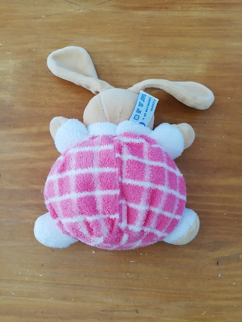 Doudou Peluche Nounours Lapin Boule Marron Beige Blanc Vichy Rose Écharpe 2