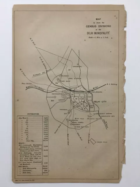 India Vintage Map CENSUS DIVISIONS OF DELHI MUNICIPALITY 1890'S 8in x 12.5