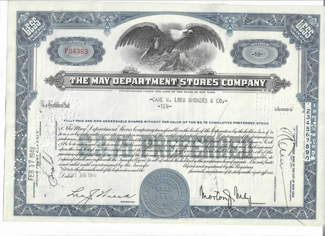 Vintage Stock Certificate The May Company  1948 Carl M Loeb Rhoades & Co.