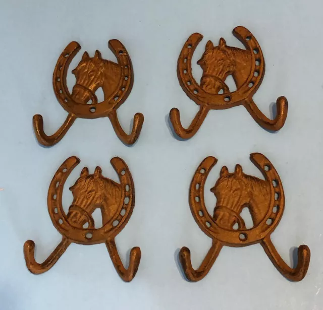 Set Of 4, Rustic Cast Iron Western Horseshoe Double Hook W/ Horse Farmhouse
