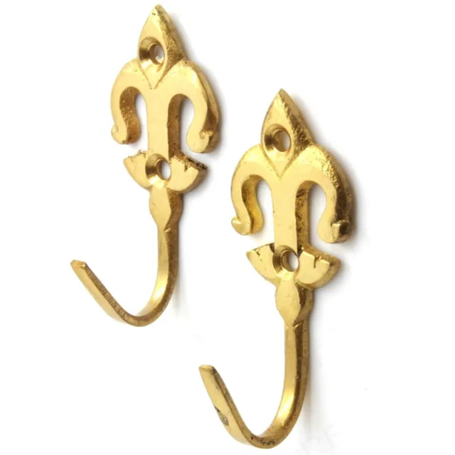 2x FLEUR-DE-LYS CURTAIN TIE BACK HOOKS Solid Brass Metal Drape Rope Tassel Holds