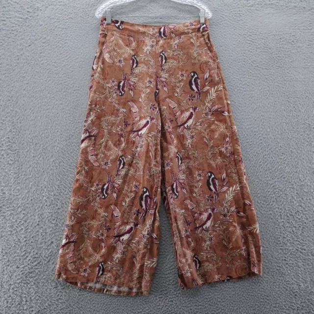 Tahari Womens Wide Leg Linen Pants Large Brown Red Black Floral Birds High Rise