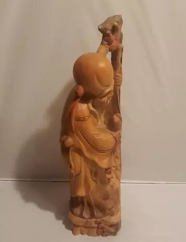 Chinese HandCarved Painted BoxWood Statue Shou Lao God Of Longevity 15" High 2