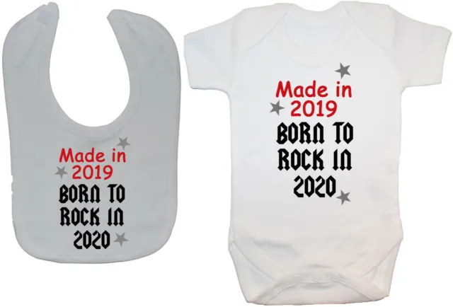 Made In 2019 Born to Rock 2020 Babygrow Romper & Feeding Bib 0-24m Boy Girl Gift