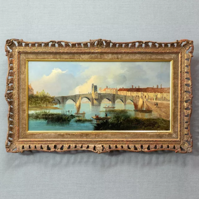River Landscape with Bridge | 19th Century Antique Oil on Canvas Painting