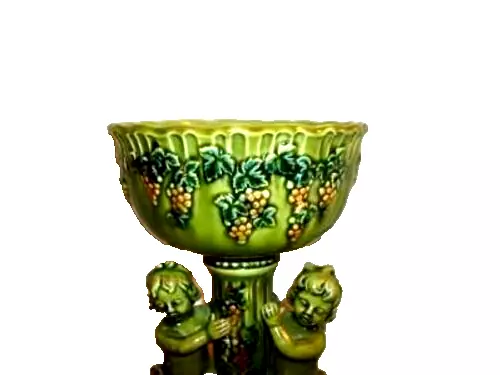 1950s LEFTON HP DOUBLE CHERUB GRAPES GREEN COMPOTE DISH JAPAN NUMBERED LABEL 3