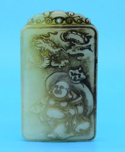 Old Chinese Rare Hand Carved Buddha Dragon Statue Natural Hetian Jade Pendant