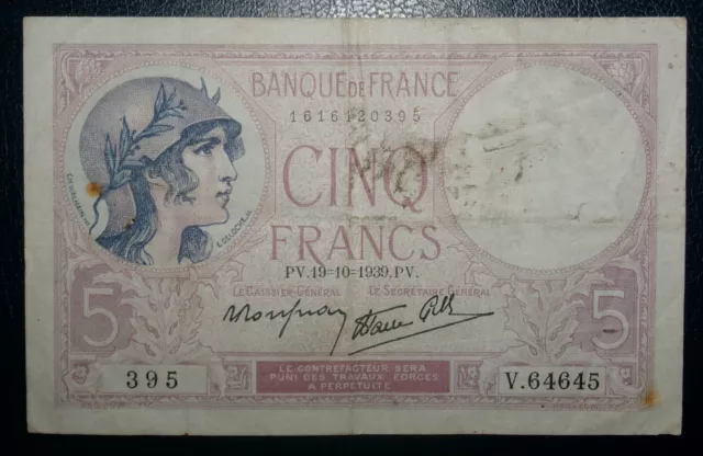 N°4 Billet France 5 Francs Violet 19.10.1939