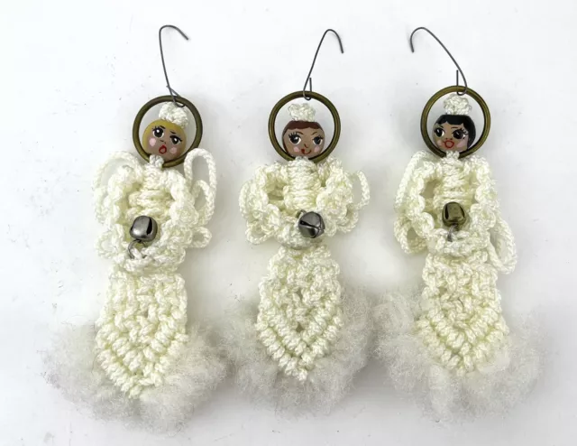 Vtg Lot Crochet Angel Handmade Hand Painted Wood Head Christmas Tree Ornaments